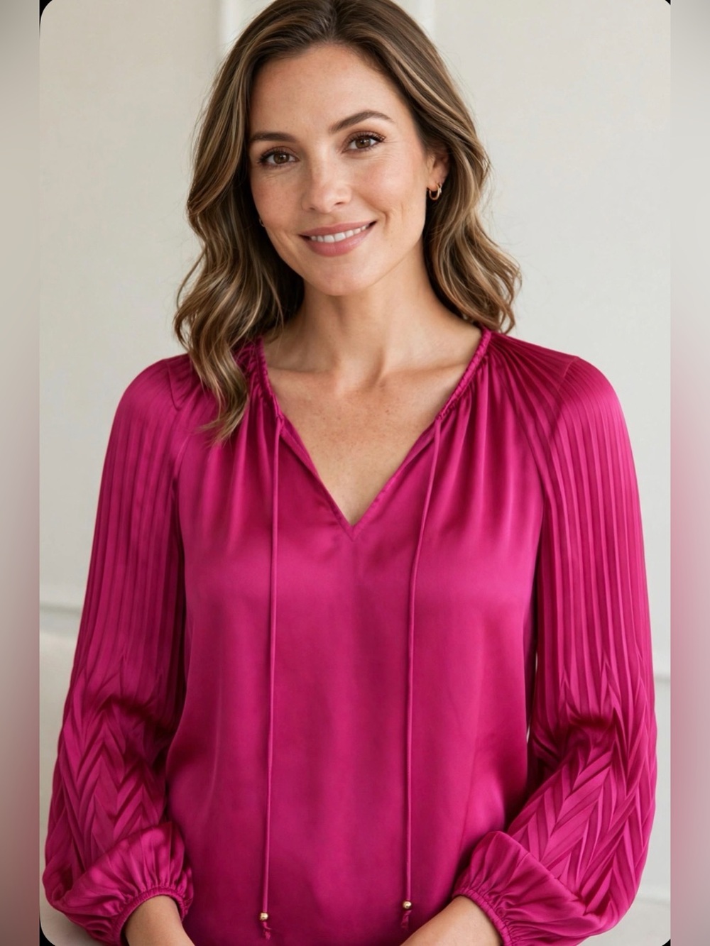 Philosophy Fuchsia Pleated-Sleeve V-Neck Blouse